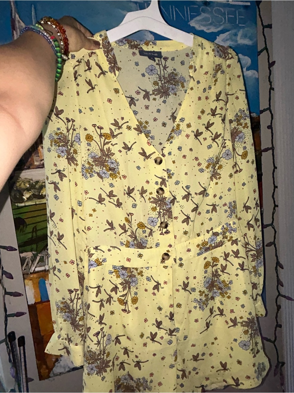 Modcloth Yellow Floral Dragonfly Print Long-Sleeve Romper